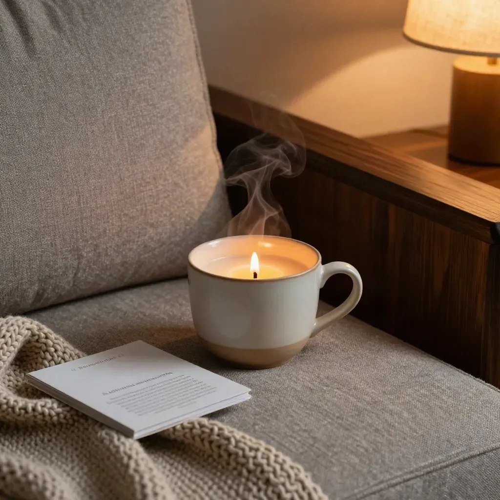Abendritual am Sofa mit Teetasse, Kerze und Strickdecke im warmen Licht.