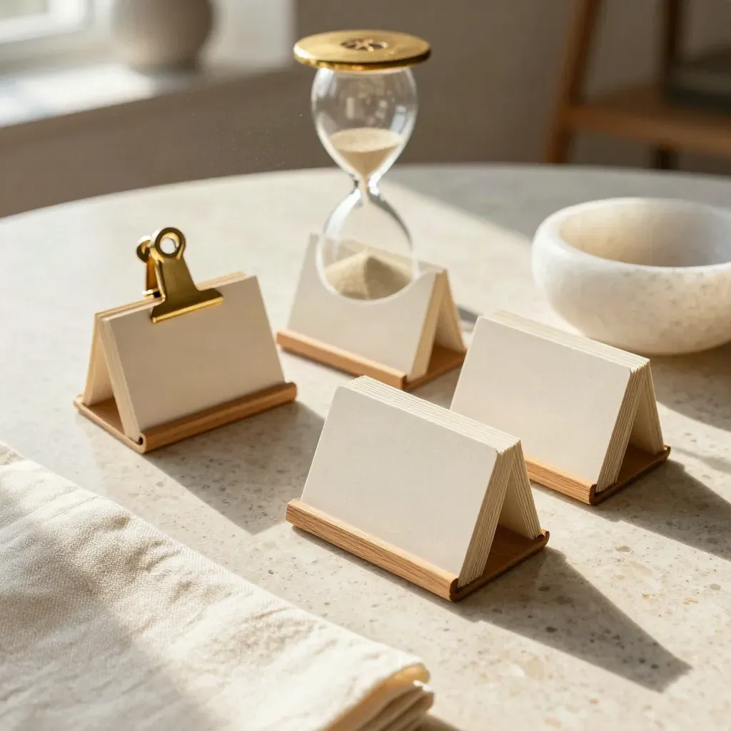 Aufgeräumter Planungsbereich mit Kartenhaltern, Sanduhr und Steinschale auf hellem Tisch.
