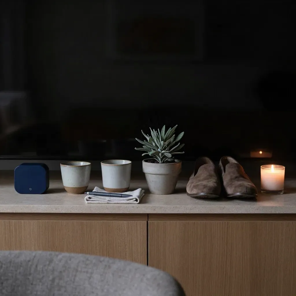 Sieben Habit-Objekte auf einer Kommode in Abendlicht: Timer, Tasse, Stift, Tuch, Pflanze, Schuhe, Kerze.