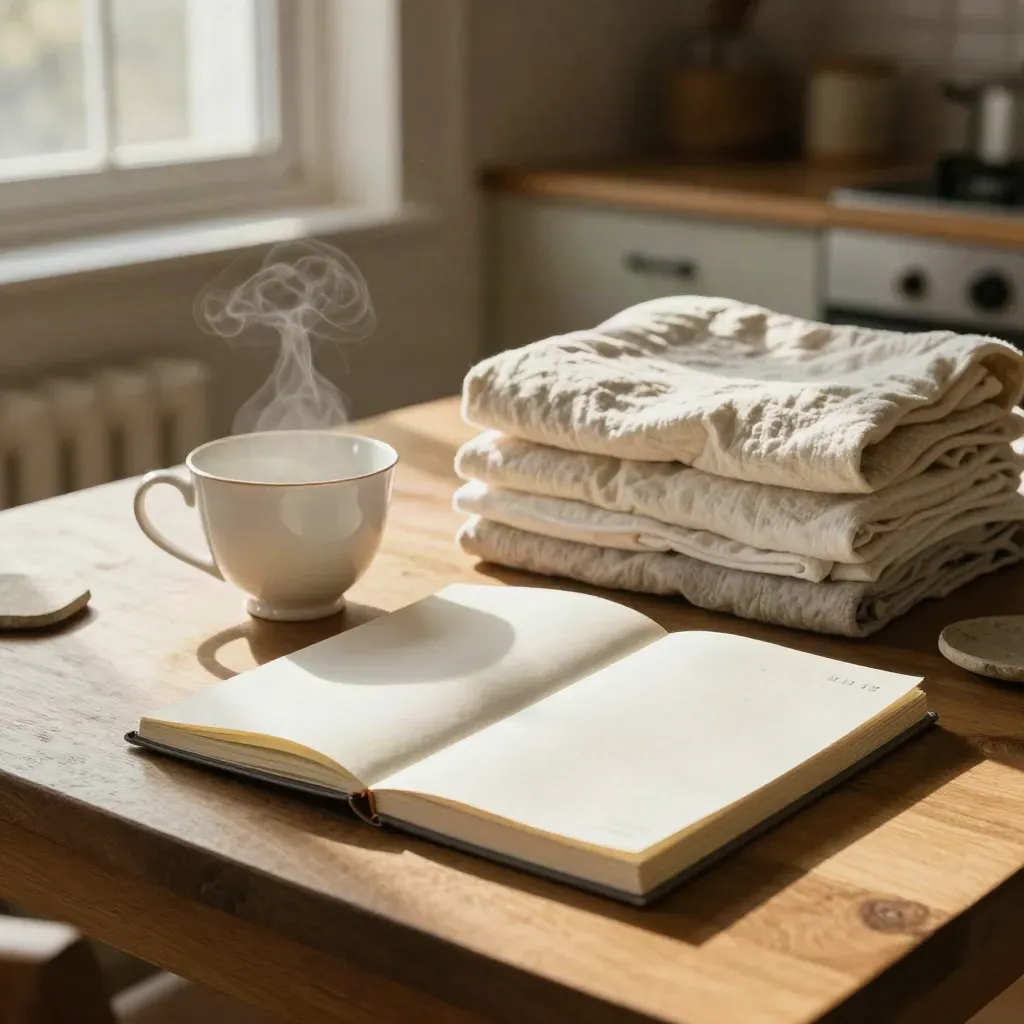 Sonntäglicher Reset am Tisch mit Journal, Wäsche und Teetasse im Fensterlicht.