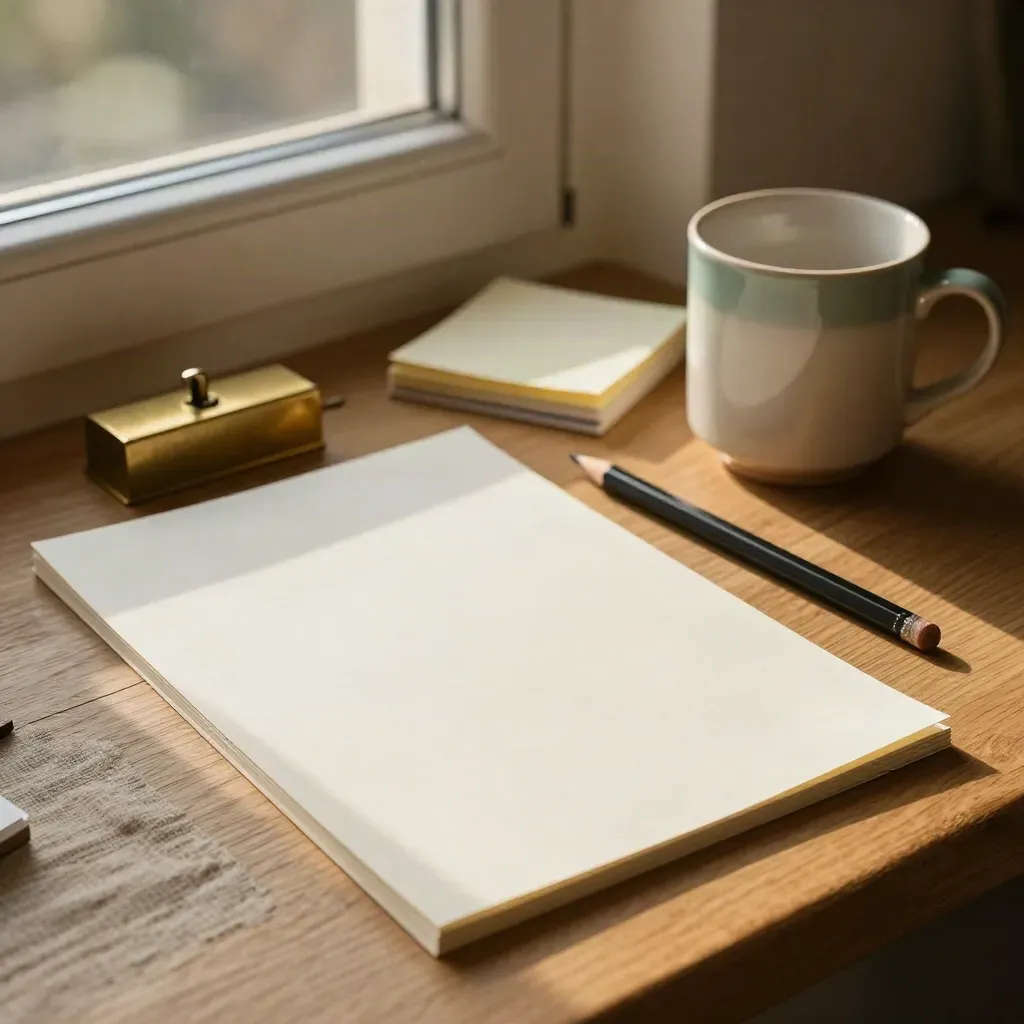 Schreibszene mit Zielblatt, Bleistift, Messinggewicht, Notizkarten und Tasse im Morgenlicht