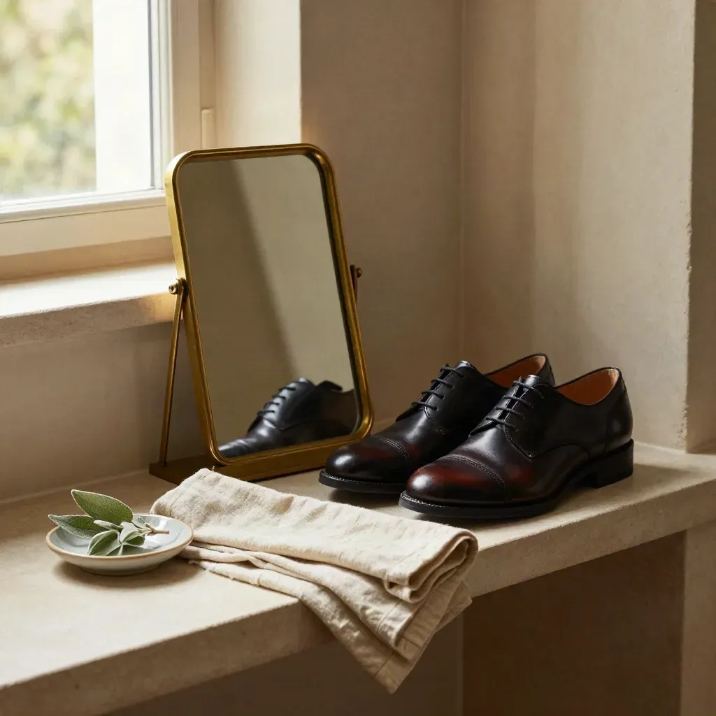 Messingspiegel, Lederschuhe und Leinentuch auf heller Konsole mit sanftem Licht.